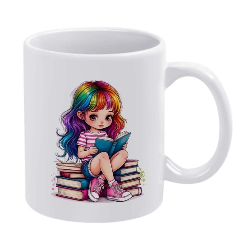 Tailorly White Ceramic 11 oz Mug - Rainbow Haired Child Sitting On A Stack Of Books Reading A Book Girl