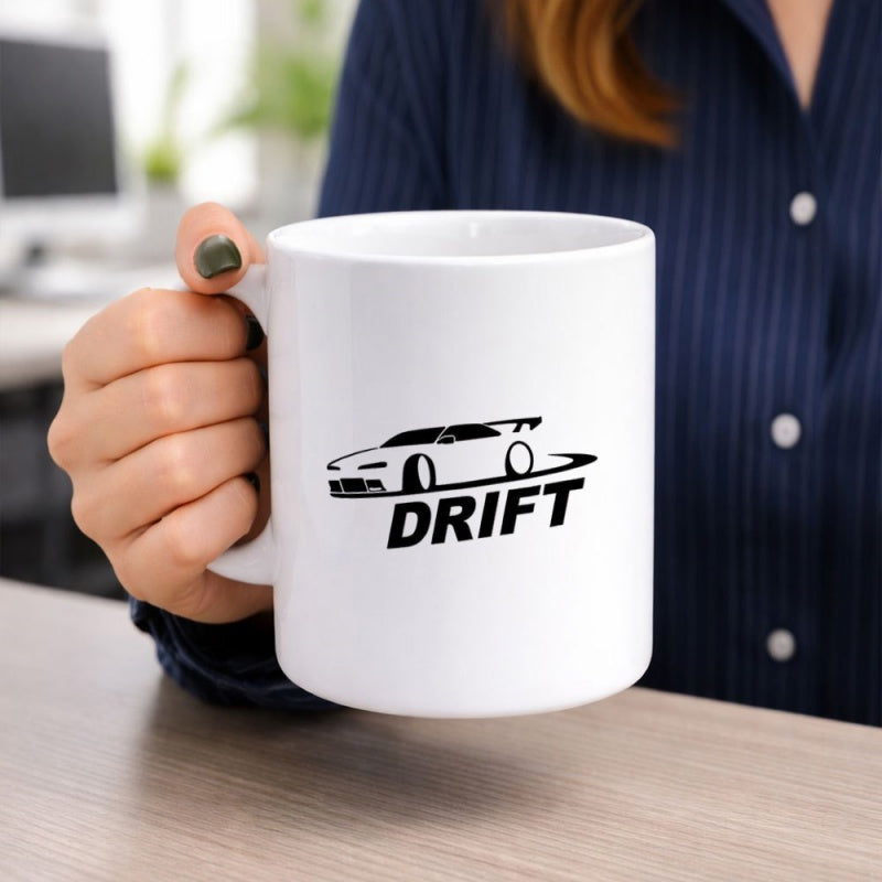 Tailorly White Ceramic 11 oz Mug - Drift Minimalist Black Ink Silhouette Representing A High Performance Racing Car
