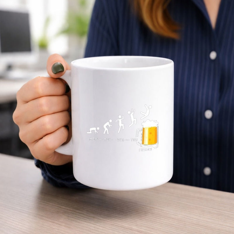 Tailorly White Ceramic 11 oz Mug - White Silhouettes Depicting Human Evolution Leading To A Large Frothy Cold Beer