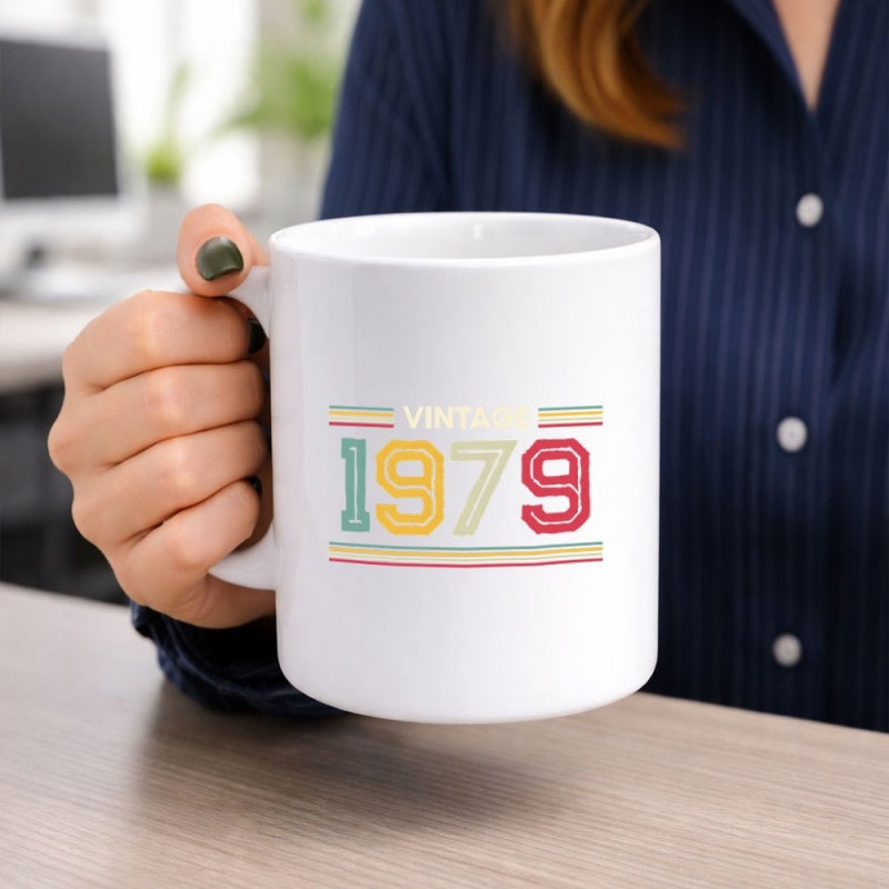 Tailorly White Ceramic 11 oz Mug - Vintage 1979 Retro Styled Horizontal Rainbow Stripes Surrounding Collegiate Bold Varsity Design