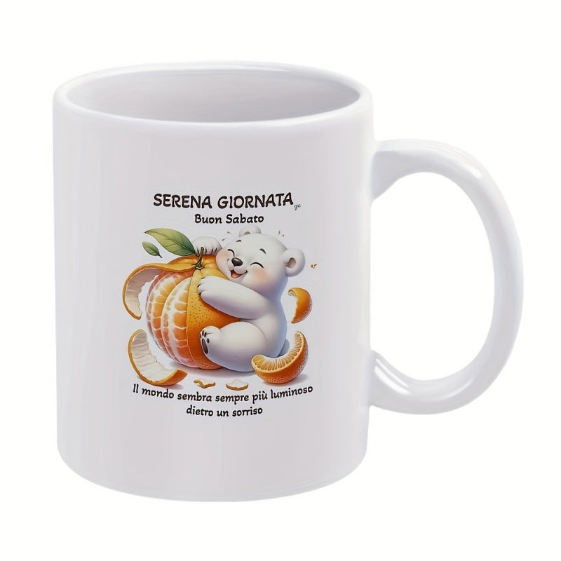 Tailorly White Ceramic 11 oz Mug - Cheerful Little White Bear Hugging A Large Peeled Juicy Fresh Orange Polar Bear