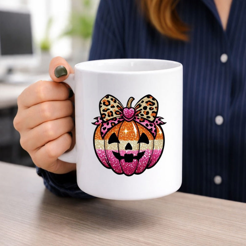 Tailorly White Ceramic 11 oz Mug - Glittery Festive Halloween Jack O Lantern Adorned With A Leopard Print Bow Pumpkin