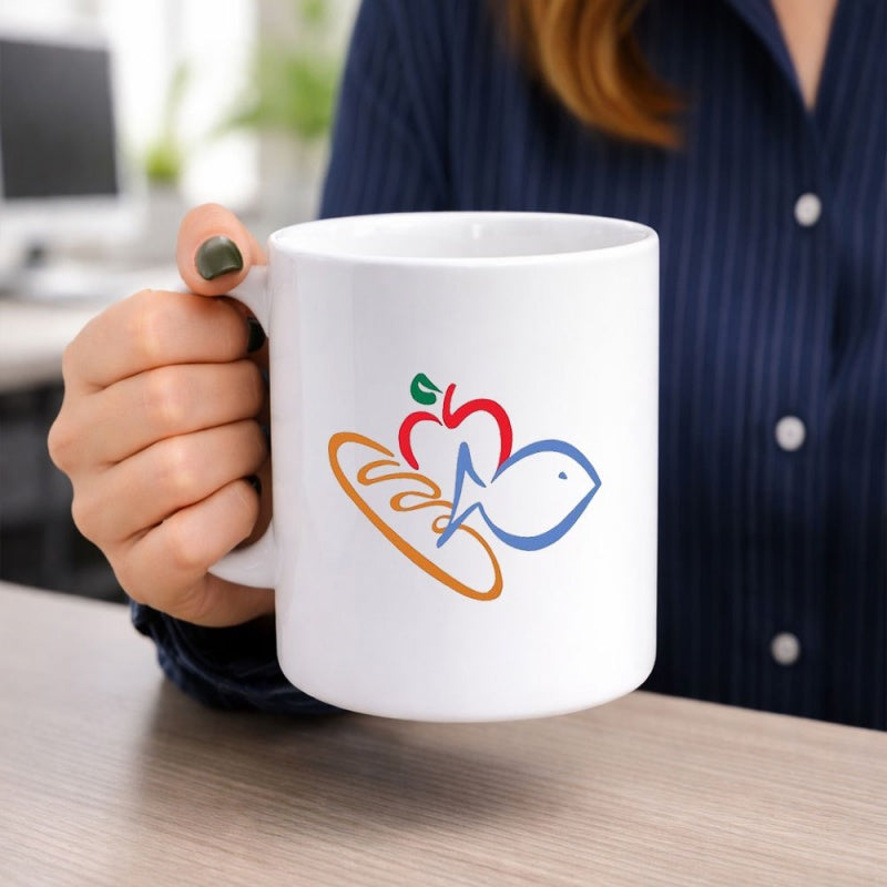 Tailorly White Ceramic 11 oz Mug - Minimalist Artistic Outlines Of Healthy Bread Apple And Fresh Fish Design