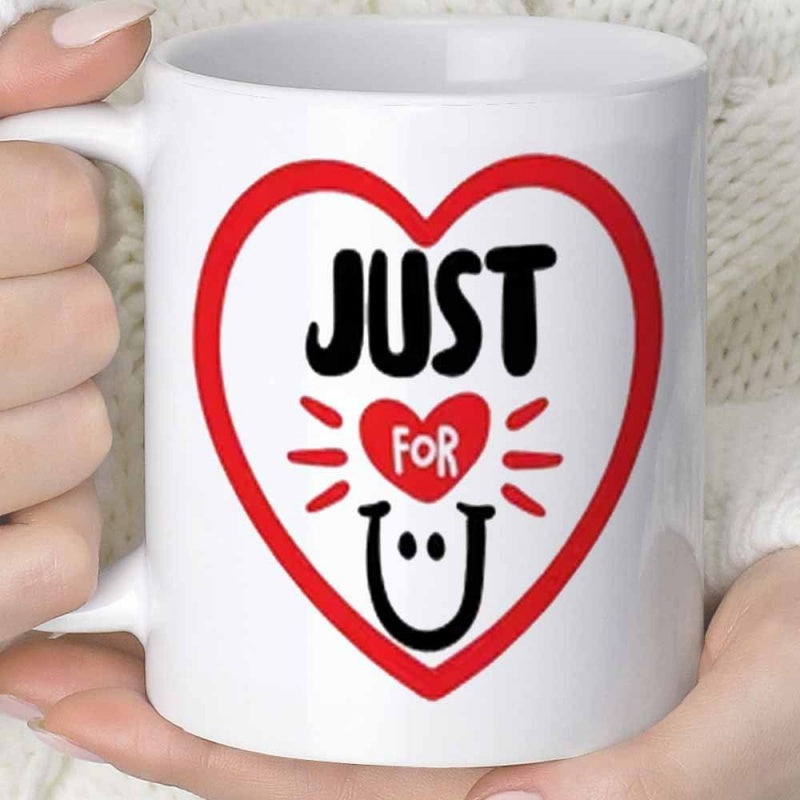 Tailorly White Ceramic 11 oz Mug - Just For U Vibrant Red Heart Outline Surrounding Charming Smiling Letter Graphics Heart