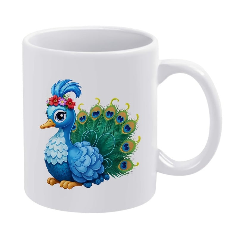 Tailorly White Ceramic 11 oz Mug - Elegant Vibrant Blue Bird Adorned With Red Floral Crown Graceful Peacock