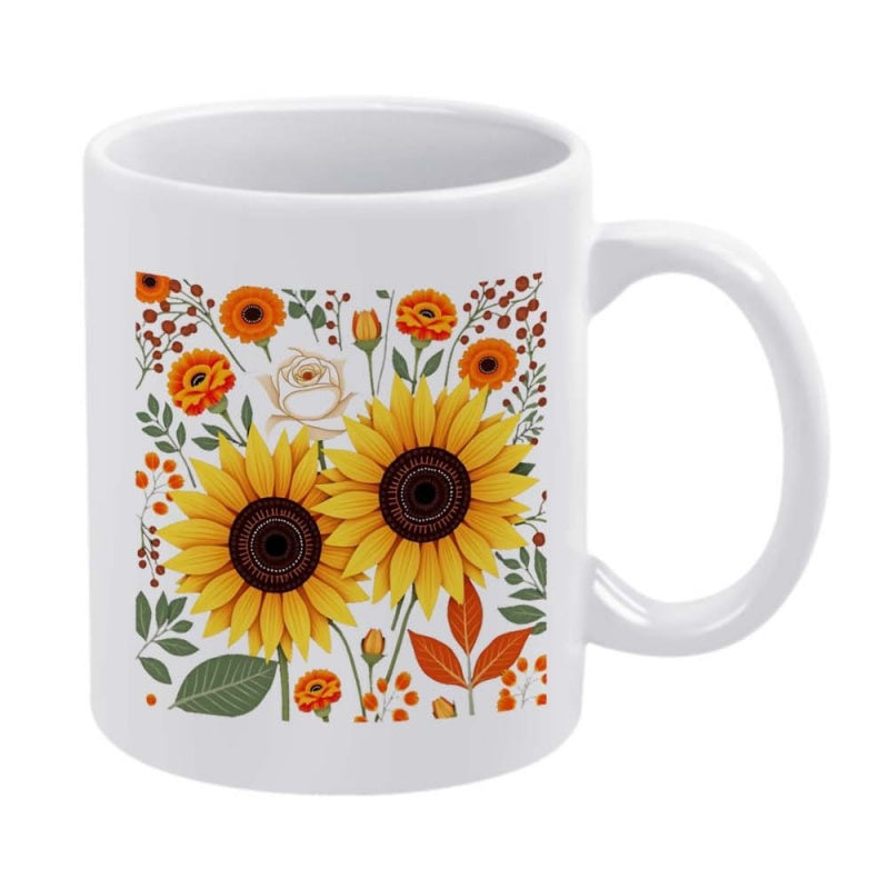Tailorly White Ceramic 11 oz Mug - Vibrant Golden Sunflowers Blooming Among Delicate Wildflowers And Autumnal Foliage Sunflower