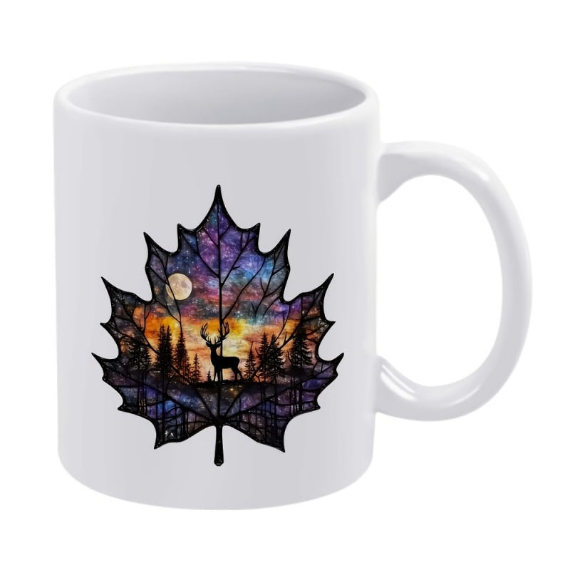Tailorly White Ceramic 11 oz Mug - Majestic Deer Standing Within Scenic Forest Under Starry Night Sky Maple Leaf