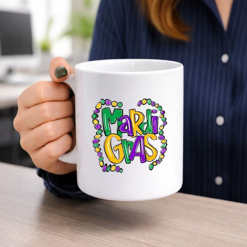 Tailorly White Ceramic 11 oz Mug - Mardi Gras Festive Colorful Beads In Traditional Green Purple And Gold Mug