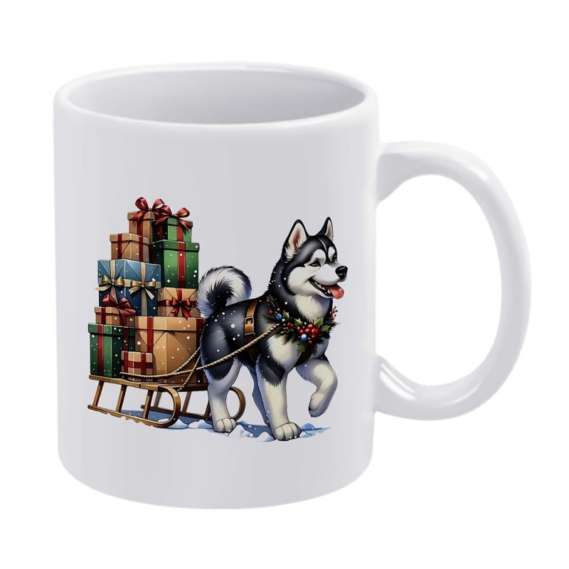 Tailorly White Ceramic 11 oz Mug - Festive Siberian Husky Pulling A Wooden Sled Stacked With Gift Boxes Husky