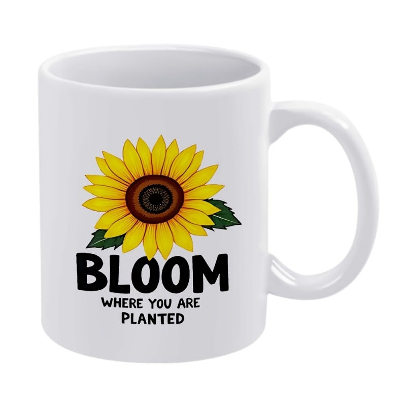Tailorly White Ceramic 11 oz Mug - Bloom Where You Are Planted Vibrant Yellow Petals With Green Leaves Glowing Under Bright Summer Light Sunflower