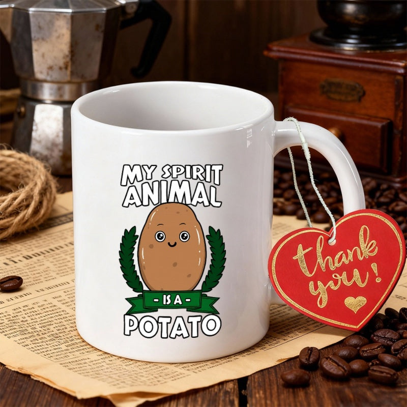 Tailorly White Ceramic 11 oz Mug - My Spirit Animal Is A Potato Smiling Cartoon Character Featuring A Happy Brown Oval Potato