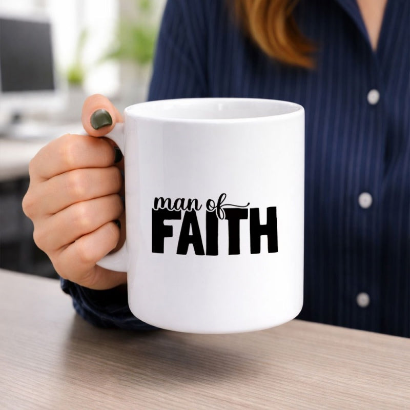 Tailorly White Ceramic 11 oz Mug - Man Of Faith Minimalist Bold Typography With Elegant Script Style On Ceramic Mug