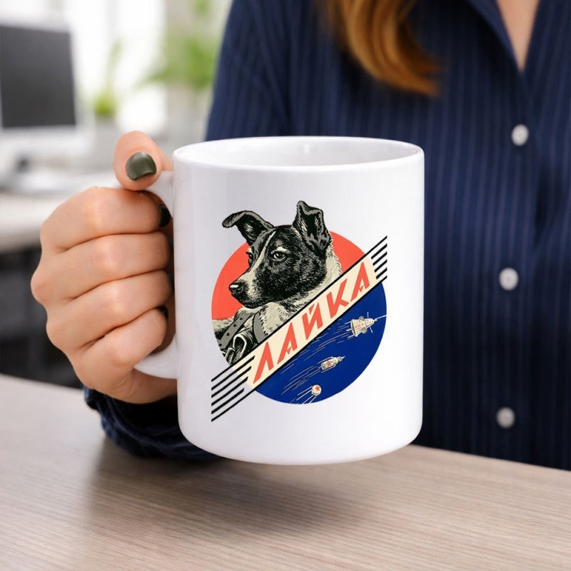 Tailorly White Ceramic 11 oz Mug - Vintage Soviet Era Space Emblem Featuring Rocket Ships And Stars Dog
