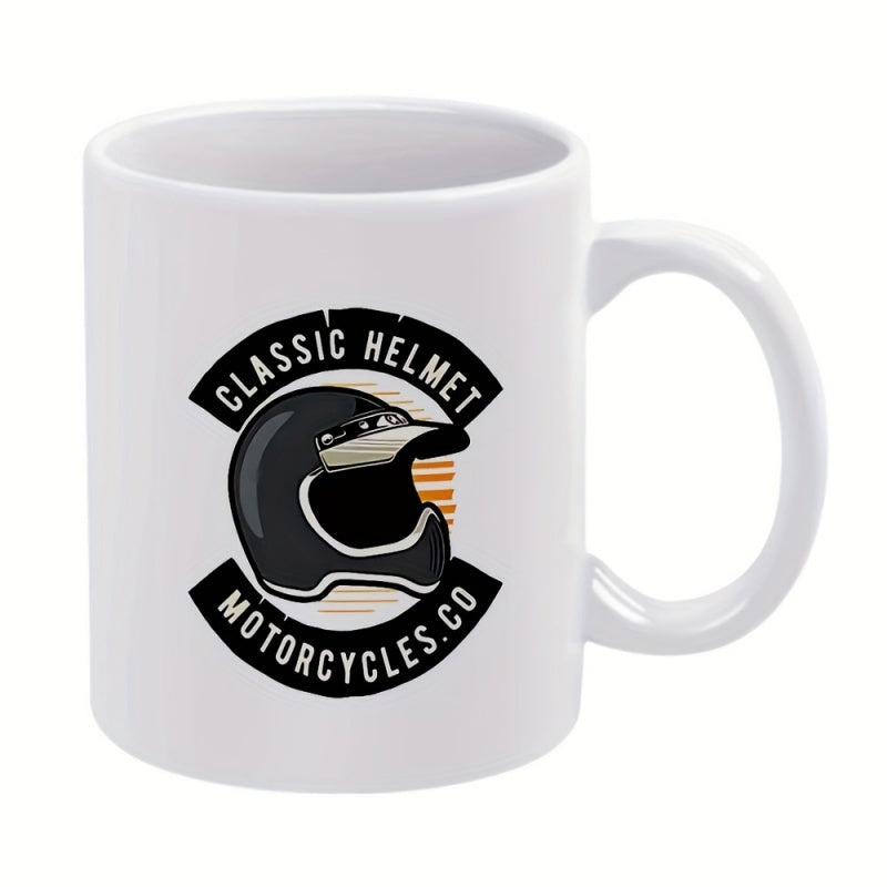 Tailorly White Ceramic 11 oz Mug - Classic Helmet Motorcycles Co Vintage Style Black Retro Rider Gear With Protective Visor Shield Helmet