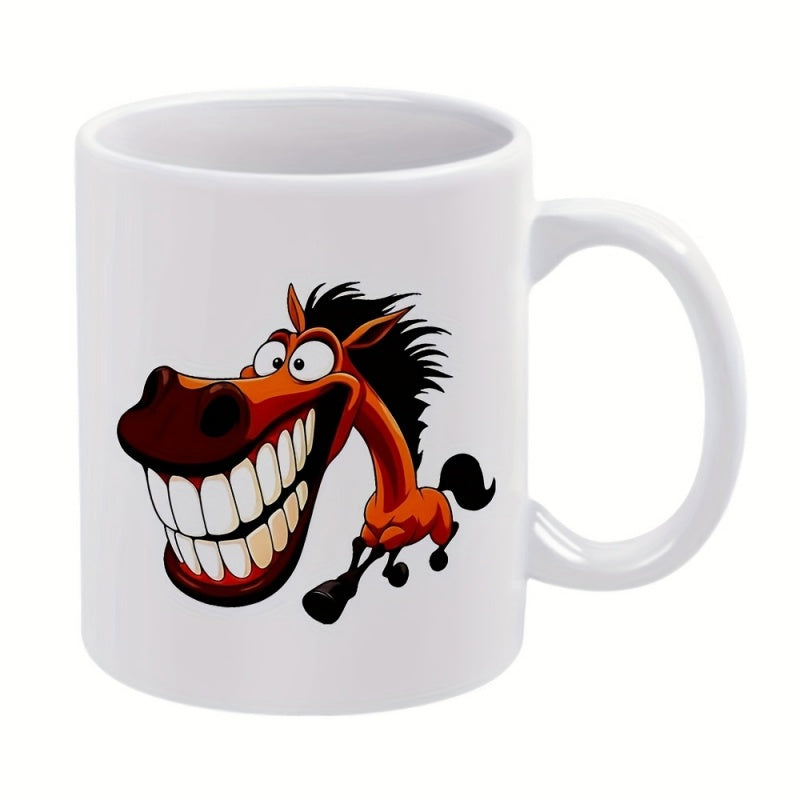 Tailorly White Ceramic 11 oz Mug - Funny Cartoon Brown Horse Smiling With Large White Teeth Running Horse