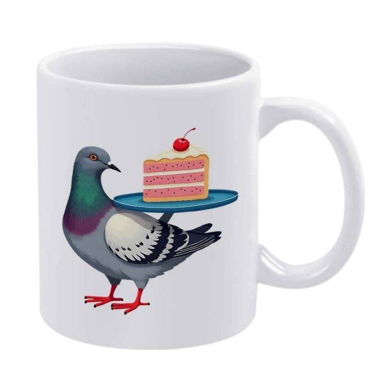 Tailorly White Ceramic 11 oz Mug - Charming Gray Bird Carrying Delicious Slice Of Pink Layered Cake Pigeon