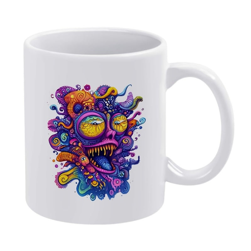 Tailorly White Ceramic 11 oz Mug - Vibrant Psychedelic Colors Swirling Around A Weird Abstract Cartoon Monster