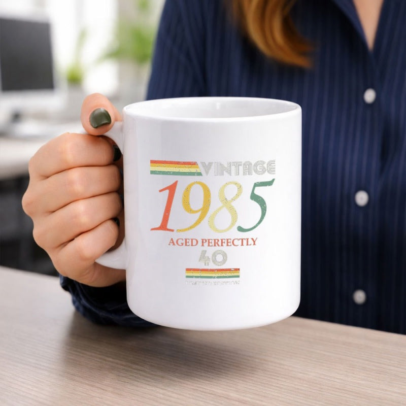 Tailorly White Ceramic 11 oz Mug - Vintage 1985 Aged Perfectly 40 Colorful Retro Stripes Arranged Horizontally Beneath A Classic Typography Layout Mug