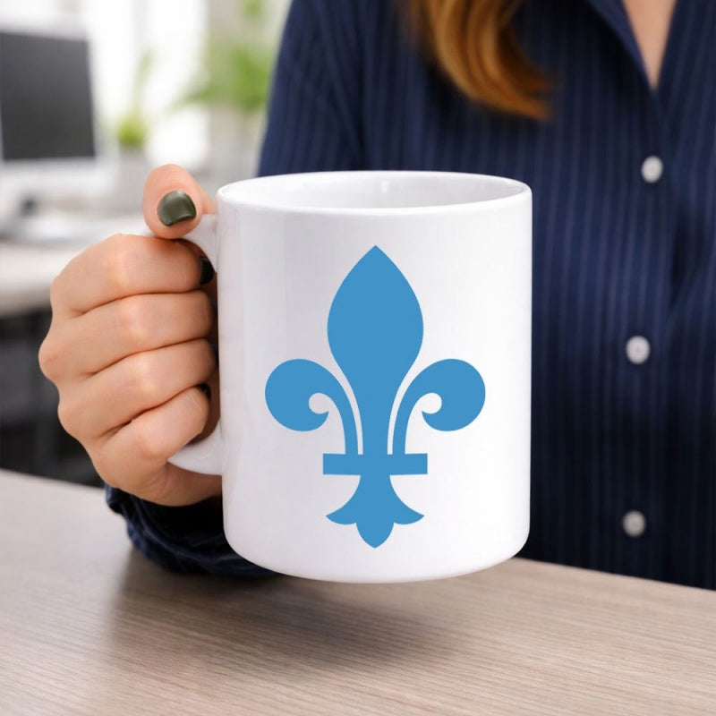Tailorly White Ceramic 11 oz Mug - Elegant Classic Blue Traditional Floral Heraldic Symbol Decoration Pattern Fleur De Lis