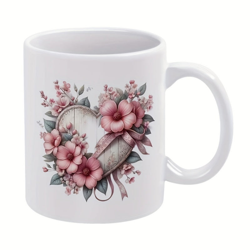 Tailorly White Ceramic 11 oz Mug - Elegant Pink Floral Blossoms Surrounding A Rustic Wooden Vintage Styled Heart