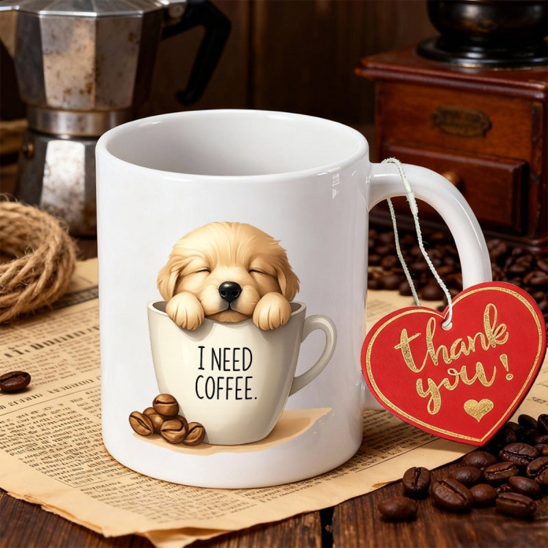 Tailorly White Ceramic 11 oz Mug - I Need Coffee Sleeping Golden Puppy Resting Inside Cup Amidst Roasted Coffee Beans Puppy