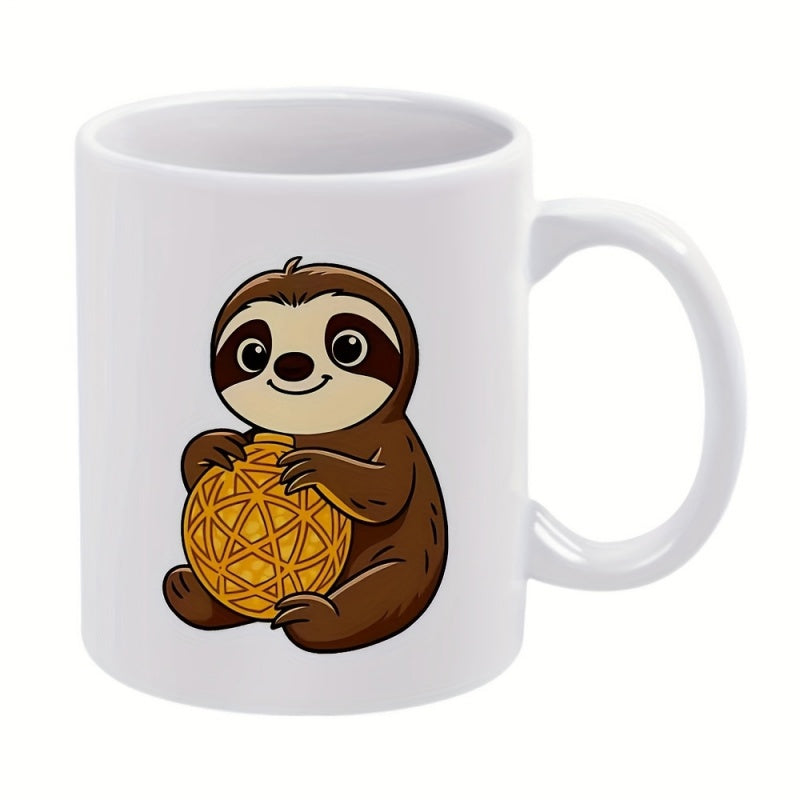 Tailorly White Ceramic 11 oz Mug - Adorable Brown Cartoon Character Holding A Golden Decorative Geometric Patterned Sloth
