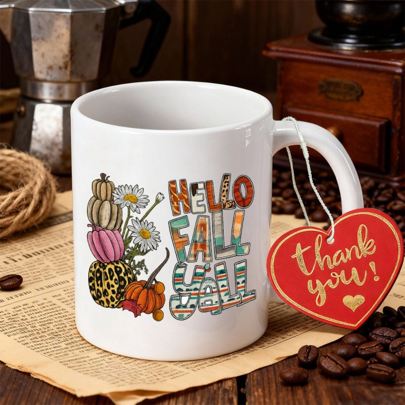 Tailorly White Ceramic 11 oz Mug - Hello Fall Yall Stacked Patterned Pumpkins With Blooming Daisies And Autumn Colors Pumpkin