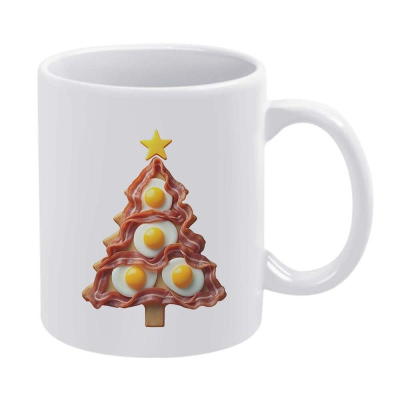 Tailorly White Ceramic 11 oz Mug - Creative Food Design Featuring Fried Eggs And Sizzling Bacon Strips Christmas Tree
