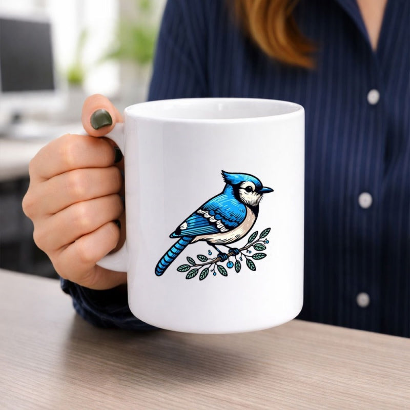 Tailorly White Ceramic 11 oz Mug - Vibrant Blue Bird Perched Among Delicate Green Leaves On Branch Blue Jay