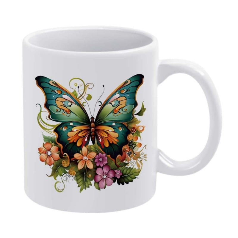 Tailorly White Ceramic 11 oz Mug - Intricately Detailed Colorful Wings Resting Among Vibrant Blooming Spring Garden Butterfly