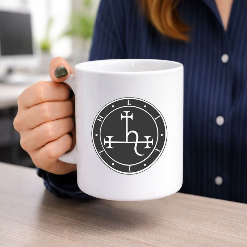 Tailorly White Ceramic 11 oz Mug - Lilith Mystical Circular Symbol With Ornate Crosses And Elegant Curved Lines Sigil