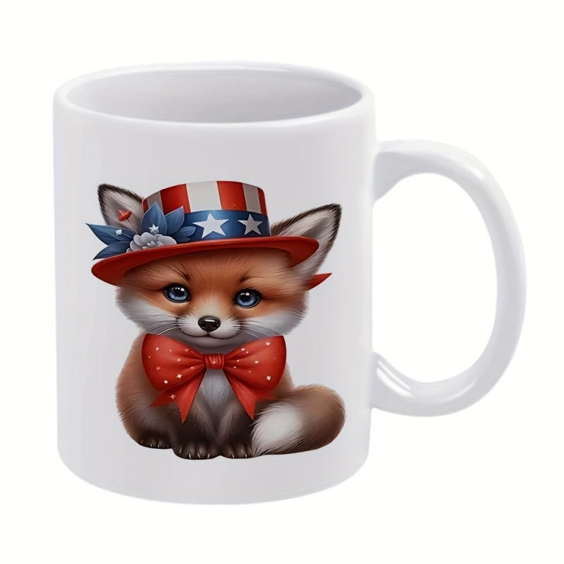 Tailorly White Ceramic 11 oz Mug - Adorable Little Red Sitting Wearing Patriotic Stars And Stripes Top Hat Fox
