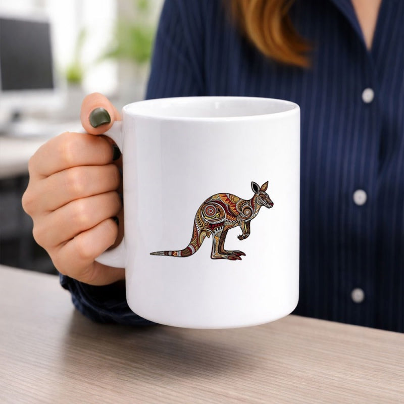 Tailorly White Ceramic 11 oz Mug - Intricate Aboriginal Style Patterns Adorning A Wild Australian Kangaroo