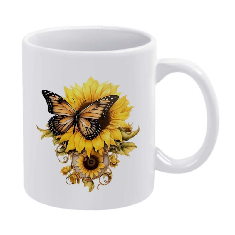 Tailorly White Ceramic 11 oz Mug - Vibrant Monarch Butterfly Resting Gently Among Golden Summer Sunflower Petals Butterfly