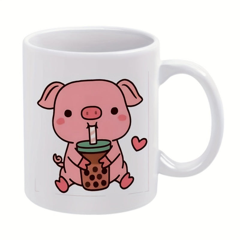 Tailorly White Ceramic 11 oz Mug - Adorable Pink Cartoon Pig Drinking Sweet Pearl Milk Tea Under Heart Pig