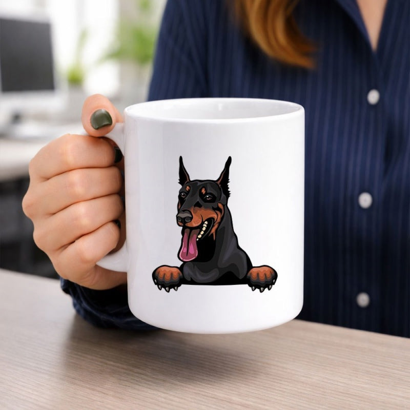 Tailorly White Ceramic 11 oz Mug - Cartoon Black And Tan Breed Peeking Over Edge Doberman