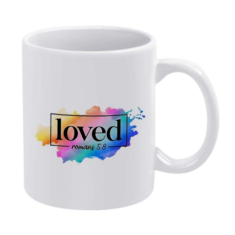 Tailorly White Ceramic 11 oz Mug - Loved Romans 5 8 Vibrant Watercolor Rainbow Splash Within A Thin Rectangular Frame Mug