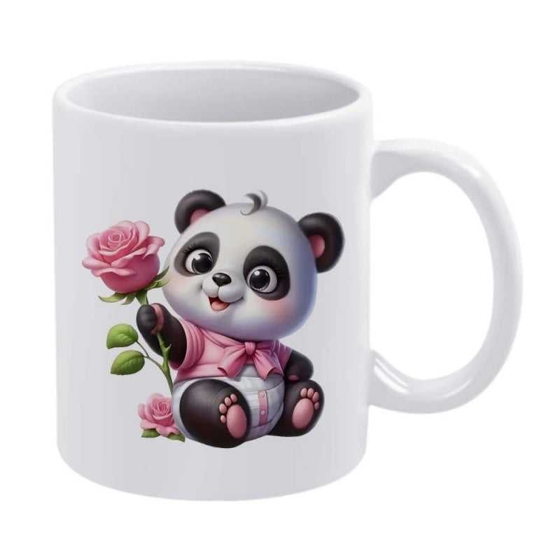 Tailorly White Ceramic 11 oz Mug - Adorable Small Bear Wearing Pink Vest Holding A Delicate Pink Rose Panda