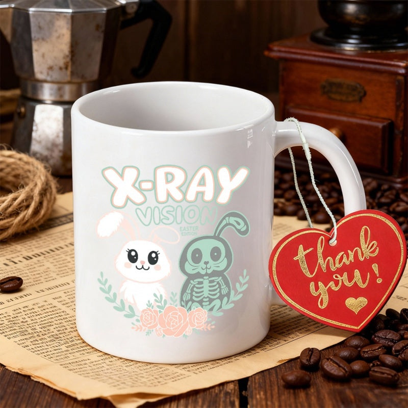 Tailorly White Ceramic 11 oz Mug - X Ray Vision Cute White Bunny Alongside Green Skeleton Under Soft Pastel Blooming Roses Rabbit