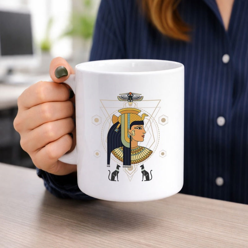Tailorly White Ceramic 11 oz Mug - Ancient Egyptian Figure Surrounded By Sacred Black Cats And Geometric Lines Queen