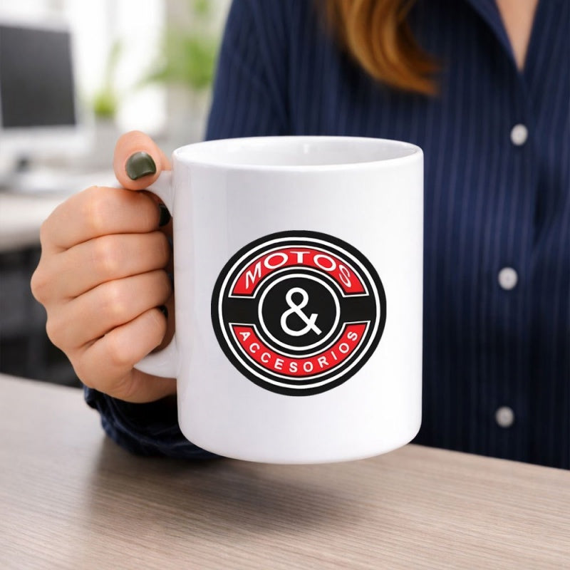 Tailorly White Ceramic 11 oz Mug - Symmetrical Retro Circular Shield With Bold Red And Black Details Badge