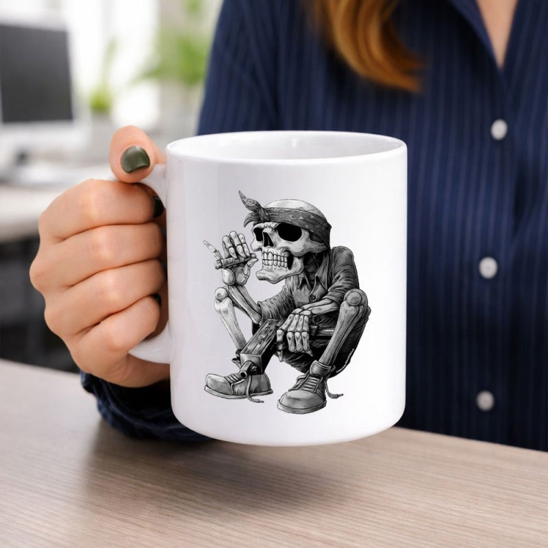 Tailorly White Ceramic 11 oz Mug - Edgy Monochrome Sketch Of A Sitting Biker Skull Character Skeleton