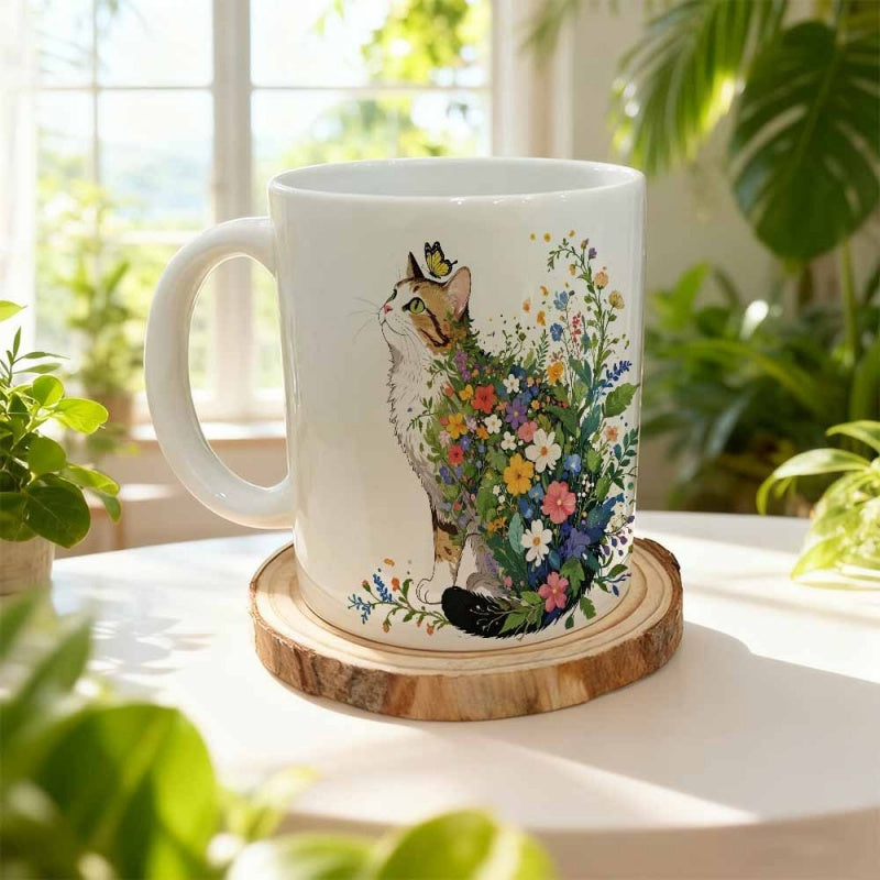 Tailorly White Ceramic 11 oz Mug - Artistic Silhouette Featuring Colorful Meadow Flowers And Delicate Green Foliage Cat