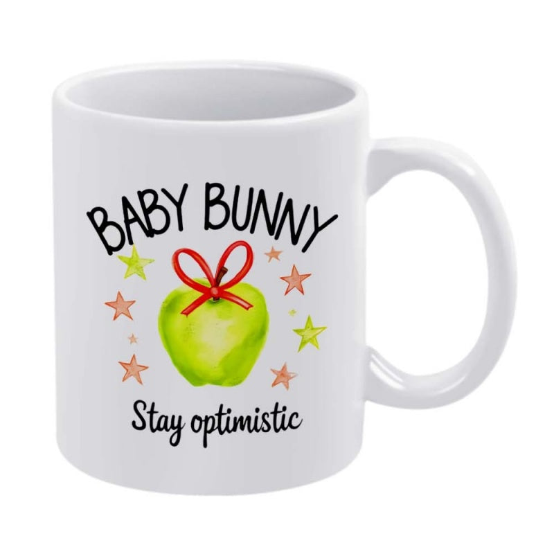 Tailorly White Ceramic 11 oz Mug - Baby Bunny Stay Optimistic Green Apple With A Red Bow Wrapped Among Colorful Little Stars Apple