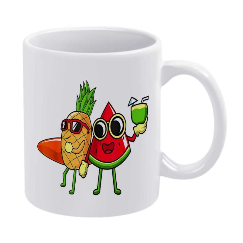 Tailorly White Ceramic 11 oz Mug - Vibrant Cartoon Pineapple With Surfboard Beside Smiling Watermelon Holding Tropical Drink Characters