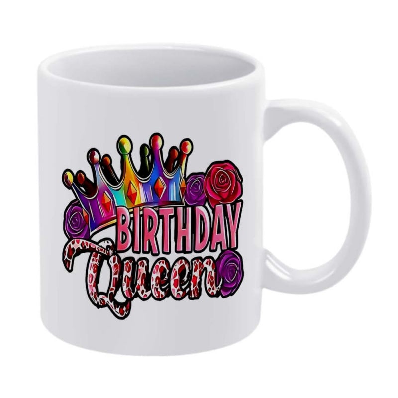 Tailorly White Ceramic 11 oz Mug - Birthday Queen Colorful Vibrant Radiant Rainbow Ornamented With Elegant Purple Roses Crown