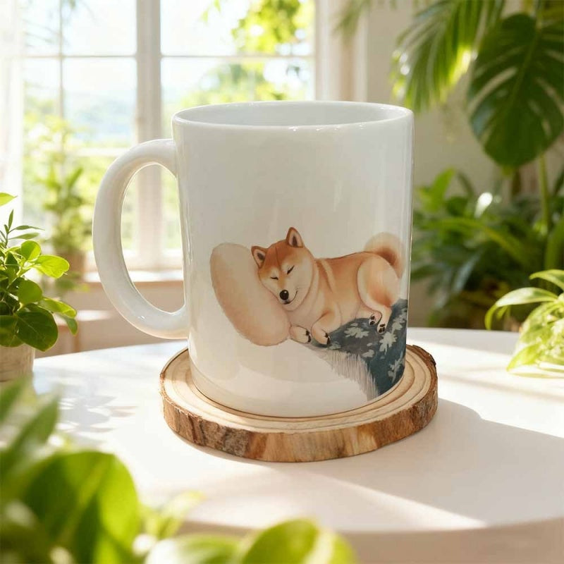 Tailorly White Ceramic 11 oz Mug - Peaceful Japanese Shiba Inu Sleeping Calmly On A Cozy Tan Cushion Dog