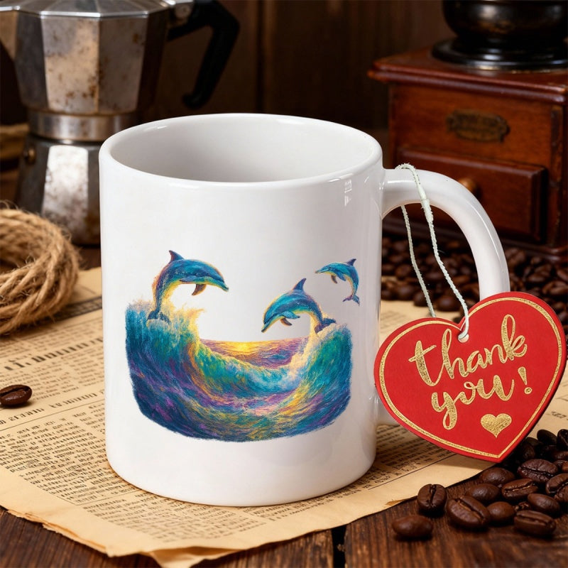 Tailorly White Ceramic 11 oz Mug - Vibrant Ocean Waves With Graceful Jumping Animals Under Golden Sunset Dolphin