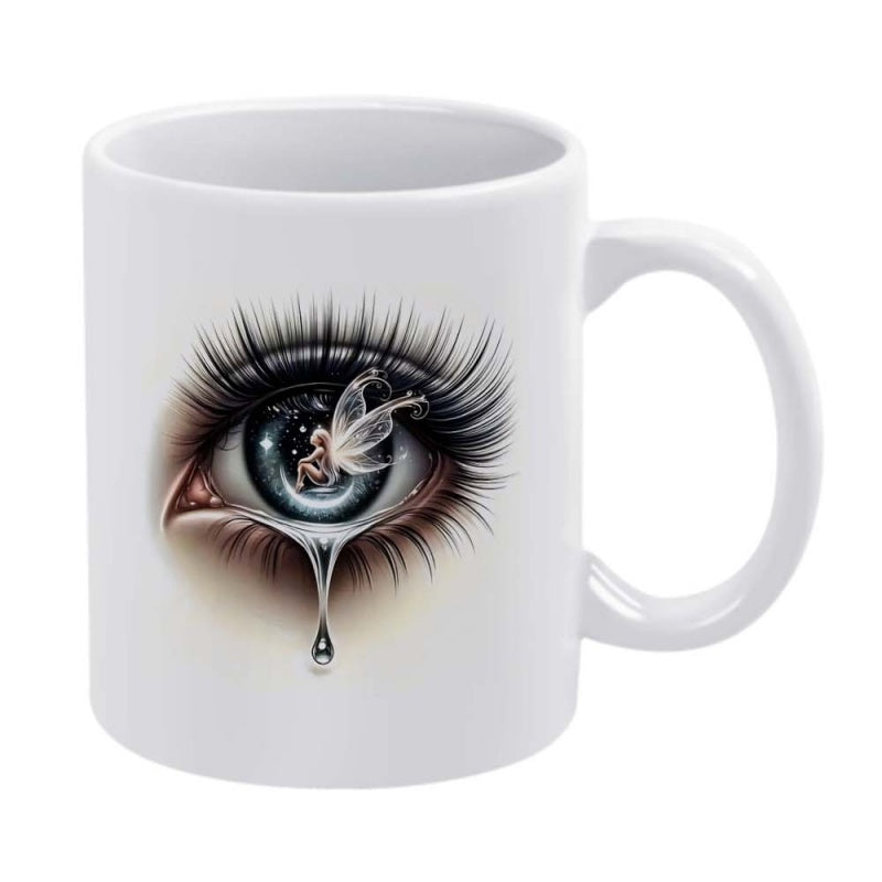 Tailorly White Ceramic 11 oz Mug - Mystical Winged Fairy Resting Inside A Realistic Crying Cosmic Eye