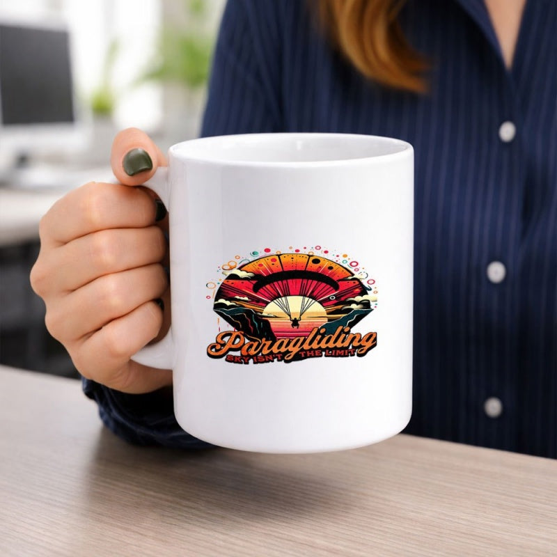 Tailorly White Ceramic 11 oz Mug - Paragliding Retro Vintage Sunset With Mountains Under A Soaring Majestic Silhouette Paraglider